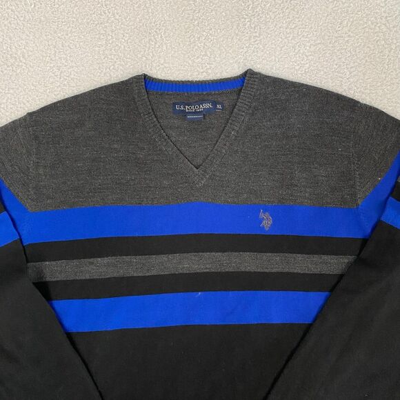 U.S. Polo Assn V-Neck Sweater Size XL Black Gray Blue Striped Pony Embroidered - Picture 2 of 11